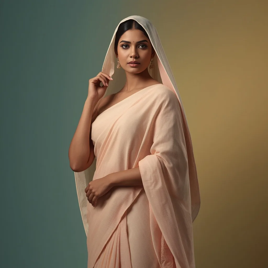 A Majestic Indian Woman with an Artfully Draped Pastel Saree – Traditional Saree Girl in English Image prompts – AI generated example