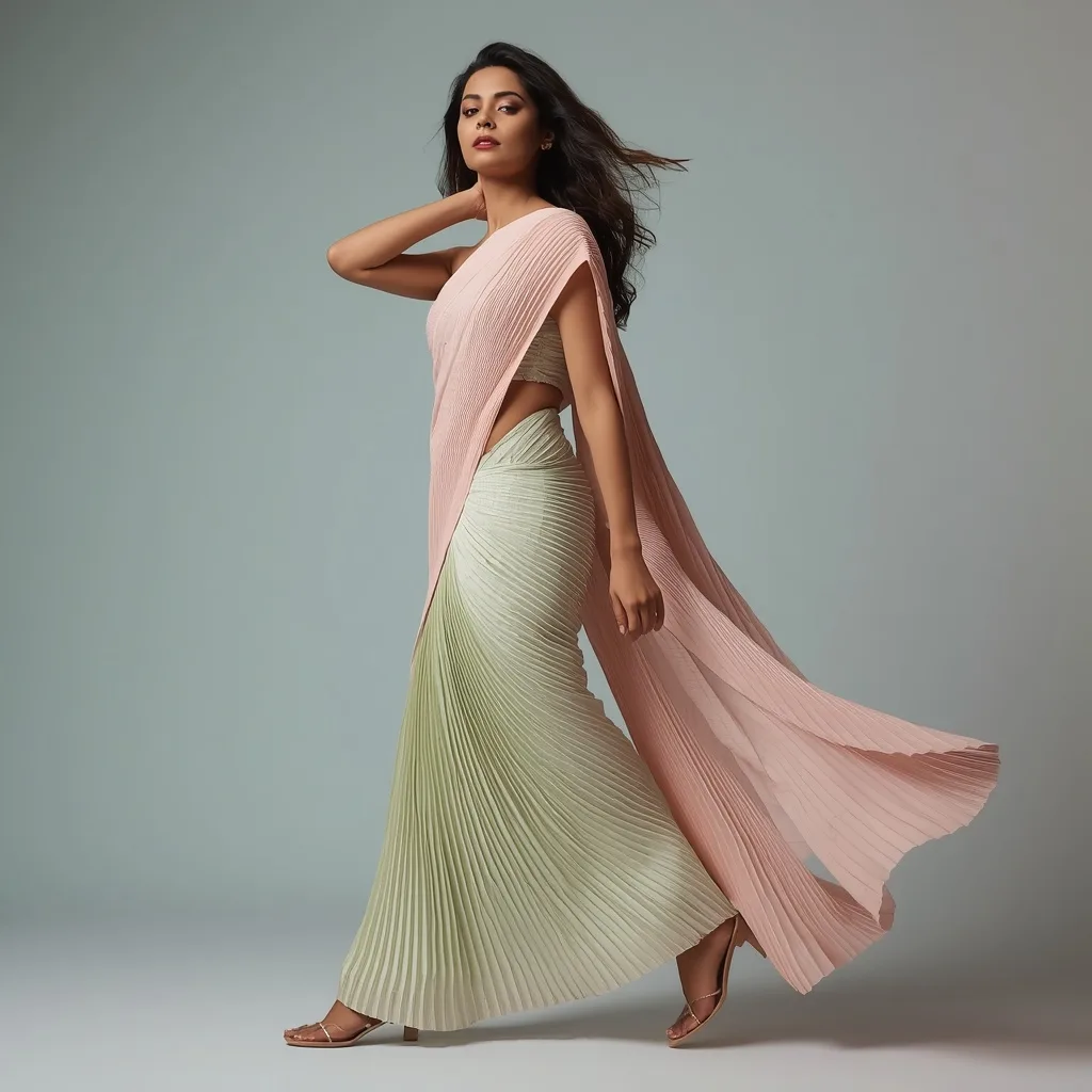 A Stylish Indian Woman Exuding Confidence in a Modern Pastel Drape – Traditional Saree Girl in English Image prompts – AI generated example