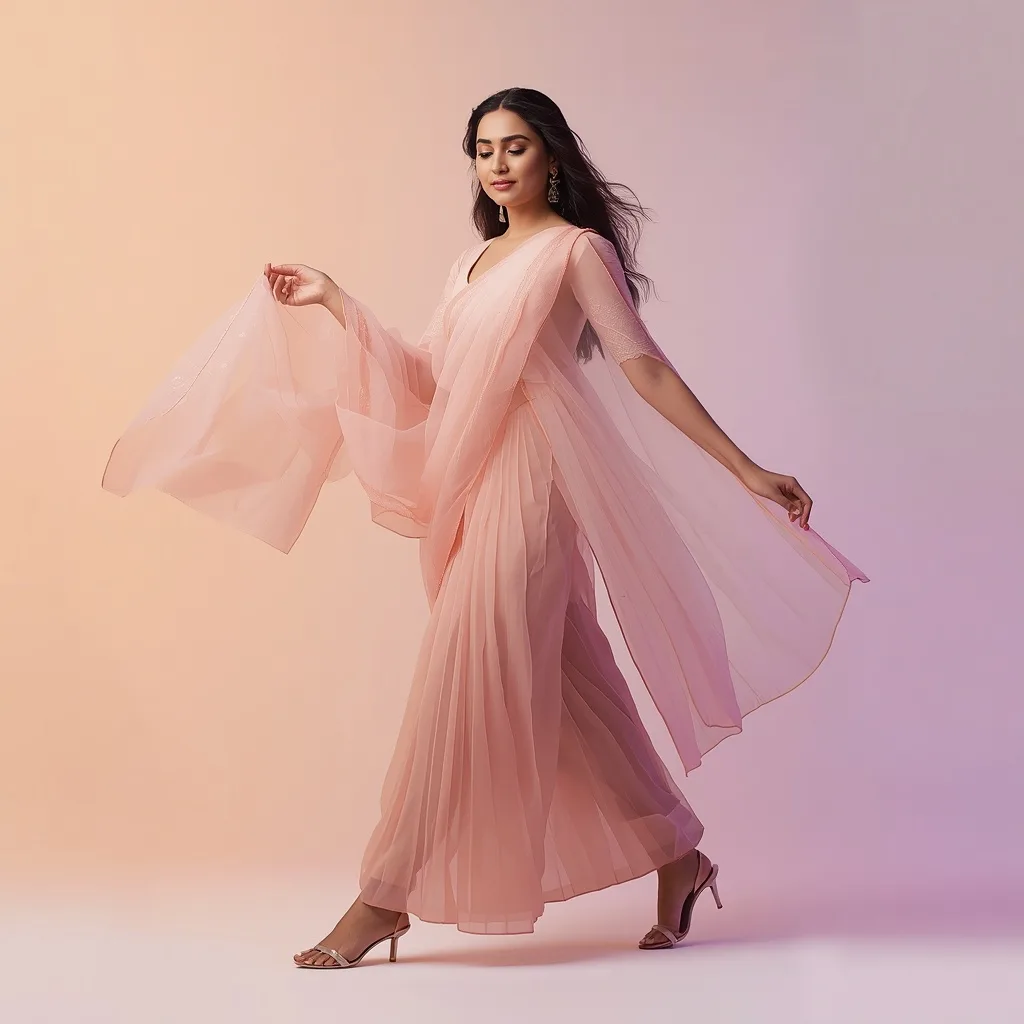 An Elegant Indian Woman Sweeping her Dupatta in a Walking Pose – Traditional Saree Girl in English Image prompts – AI generated example