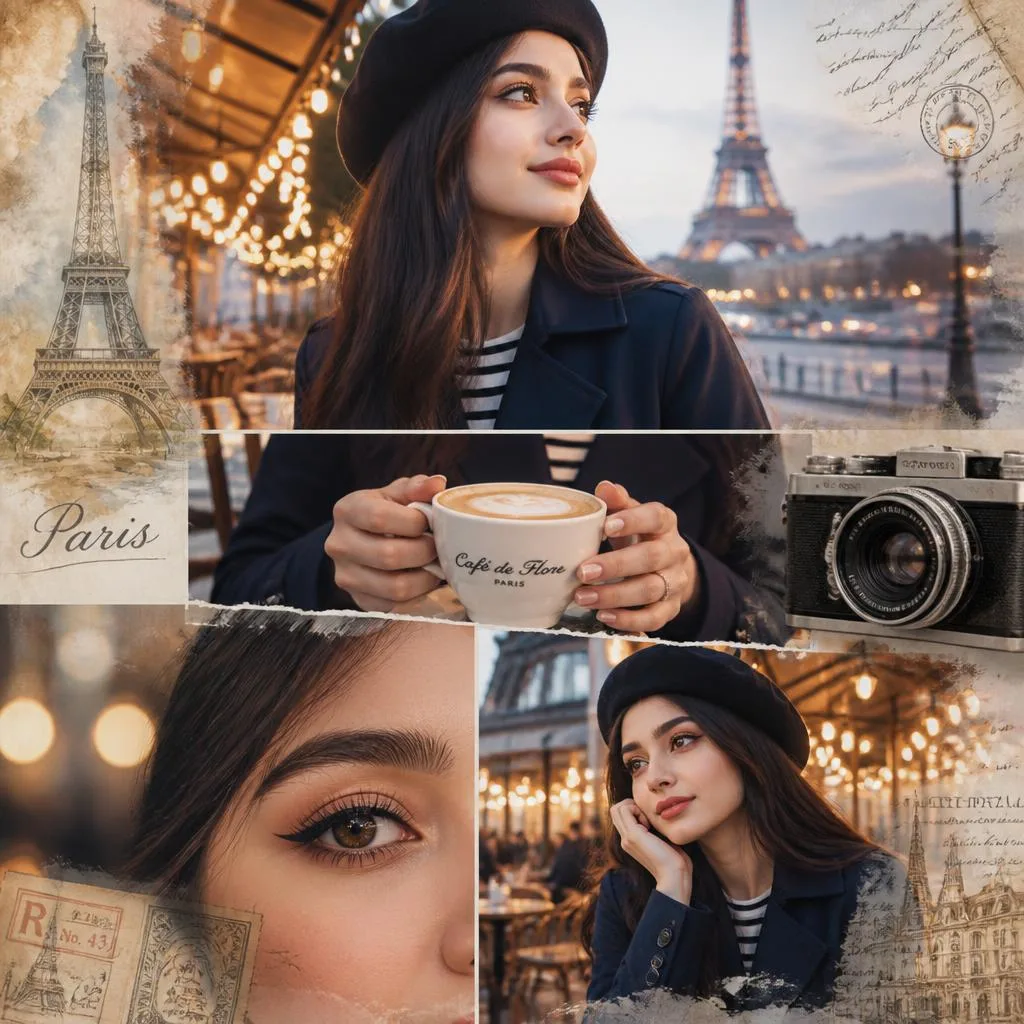 Beautiful Girl's Dreamy Parisian Collage: Romantic Cafe Vignettes – Realistic Photo DSLR Quality Cinematic Portraits of Musicians in Concert prompts – AI generated example