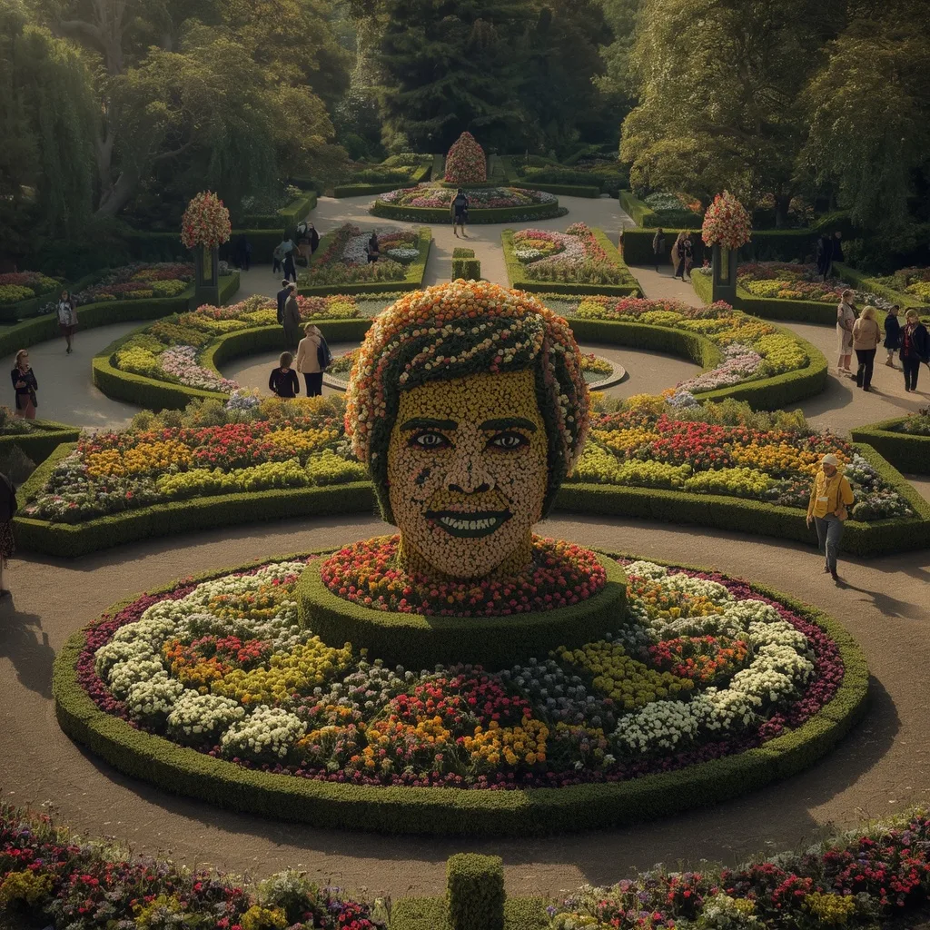 Botanical Garden Floral Topiary Portrait Display – Realistic Photo DSLR Quality Cinematic Portraits of Musicians in Concert prompts – AI generated example