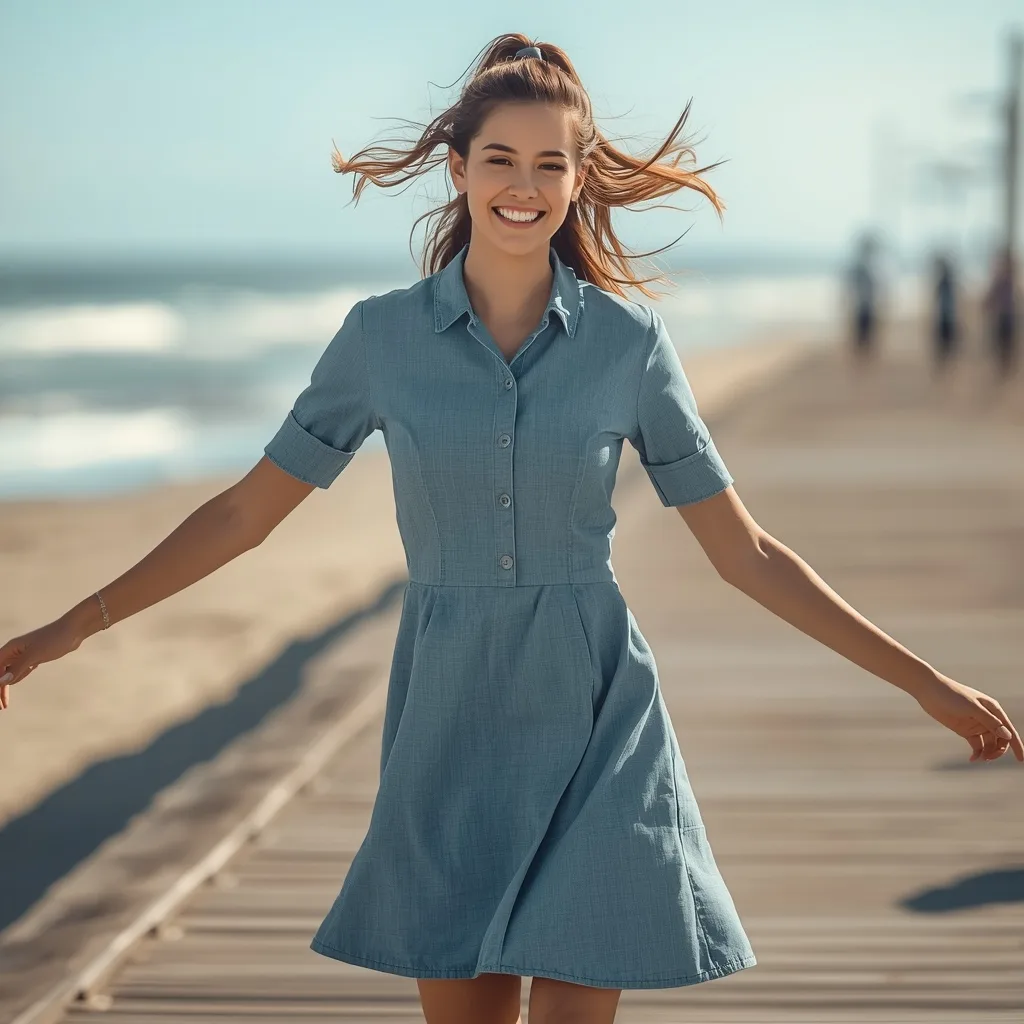 Charming Woman in a Denim A-line Skater Dress – Elegant Girls Parisian Cafe Chic Photography prompts – AI generated example