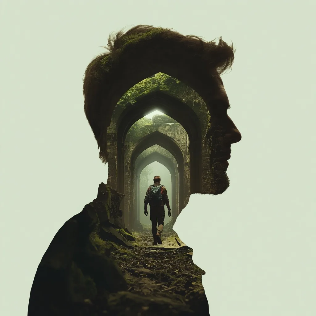 Cinematic Double Exposure of a Man in an Ancient Ruin – Men's Creative Street Photography Artistic Flair prompts – AI generated example