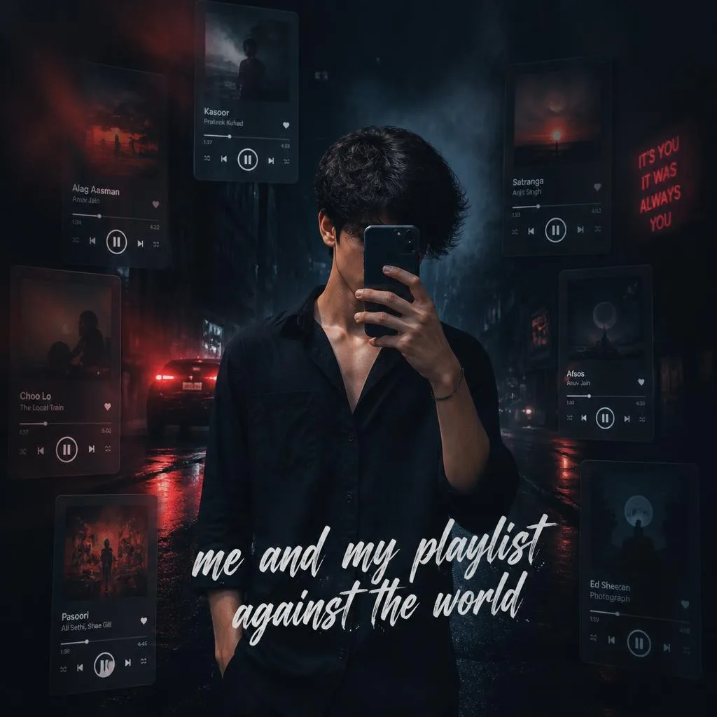 Dark Cinematic Aesthetic Poster: Subject and Playlist Against the World – Realistic Photo DSLR Quality Cinematic Portraits of Musicians in Concert prompts – AI generated example
