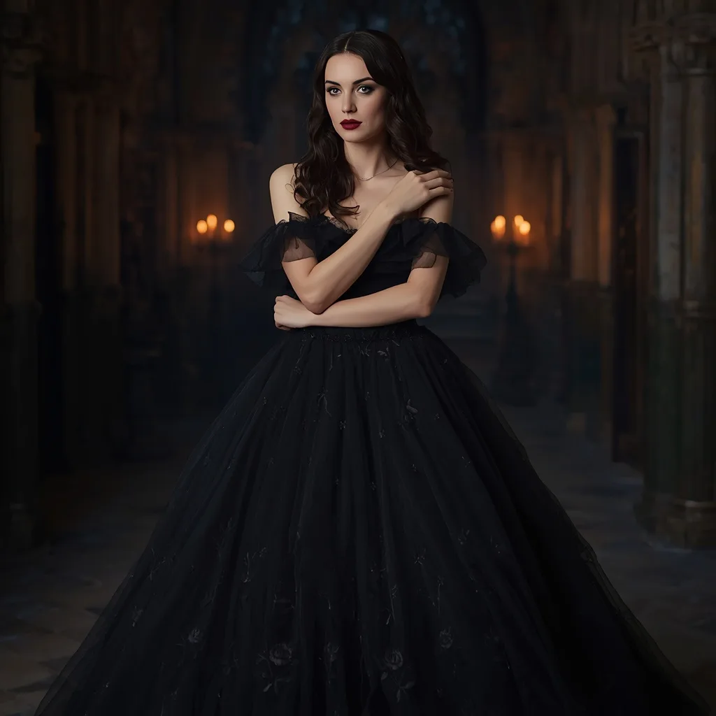 Dark Romance: A Woman in a Black Tulle Gown with Embroidered Details – gothic romance ai prompts – AI generated example