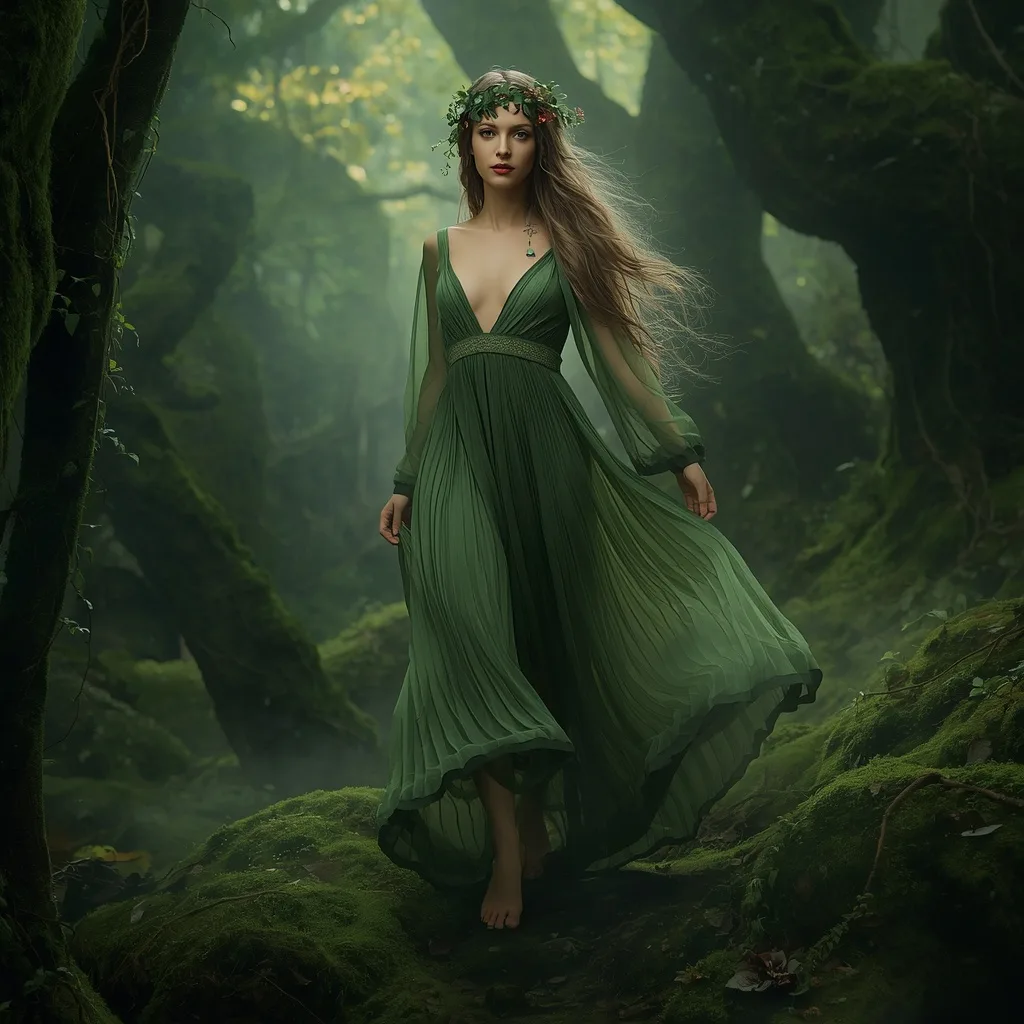 Enchanting Forest Nymph in a Green Chiffon Dress – gothic romance ai prompts – AI generated example