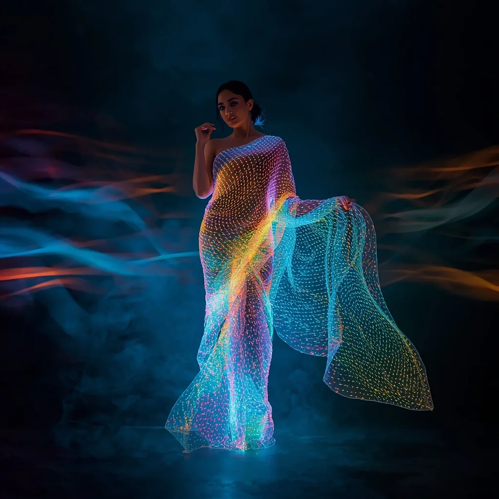 Female in Glowing Fiber Optic Saree with Dark Abstract Environment