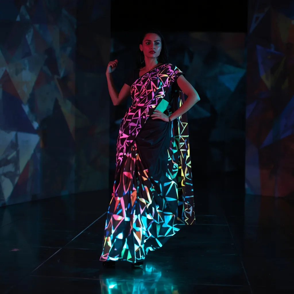 Female in Kinetic Fabric Saree with Shifting Geometric Patterns