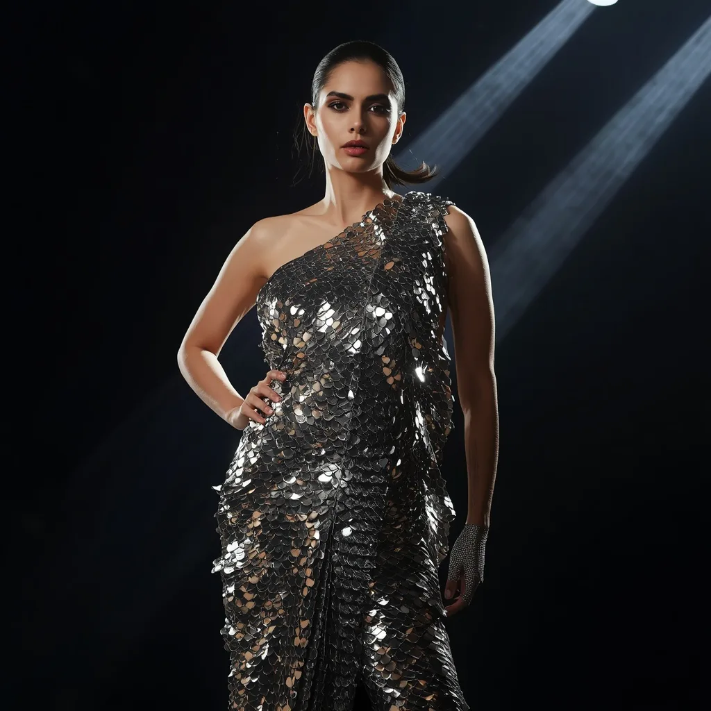 Female in Mirrored Scale Saree with Dynamic Reflections and Light