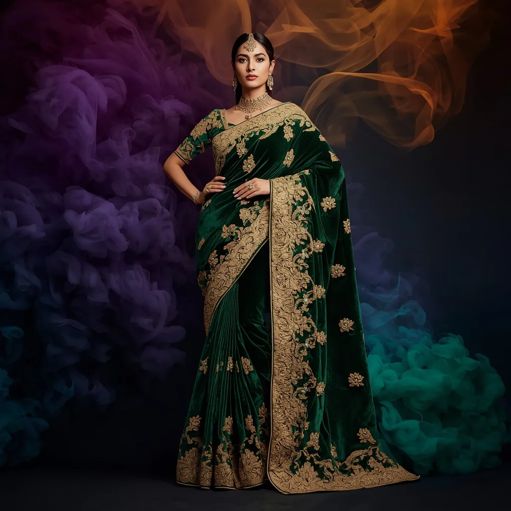 Female in Opulent Zardozi Saree with Jewel-Toned Smoke Plumes – Traditional Saree Girl in English Image prompts – AI generated example