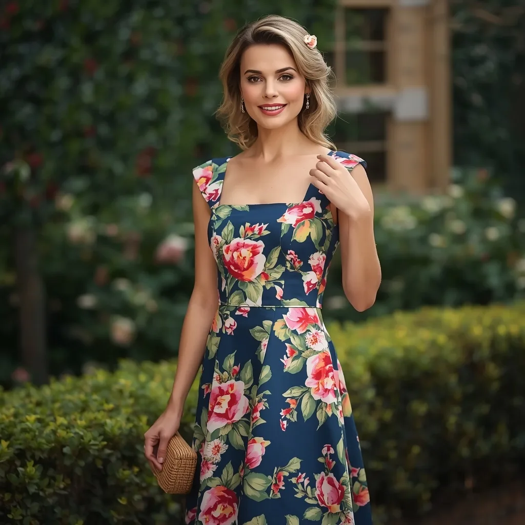 Garden Party Splendor: A Woman in a Vibrant Floral Print Midi Dress – gothic romance ai prompts – AI generated example