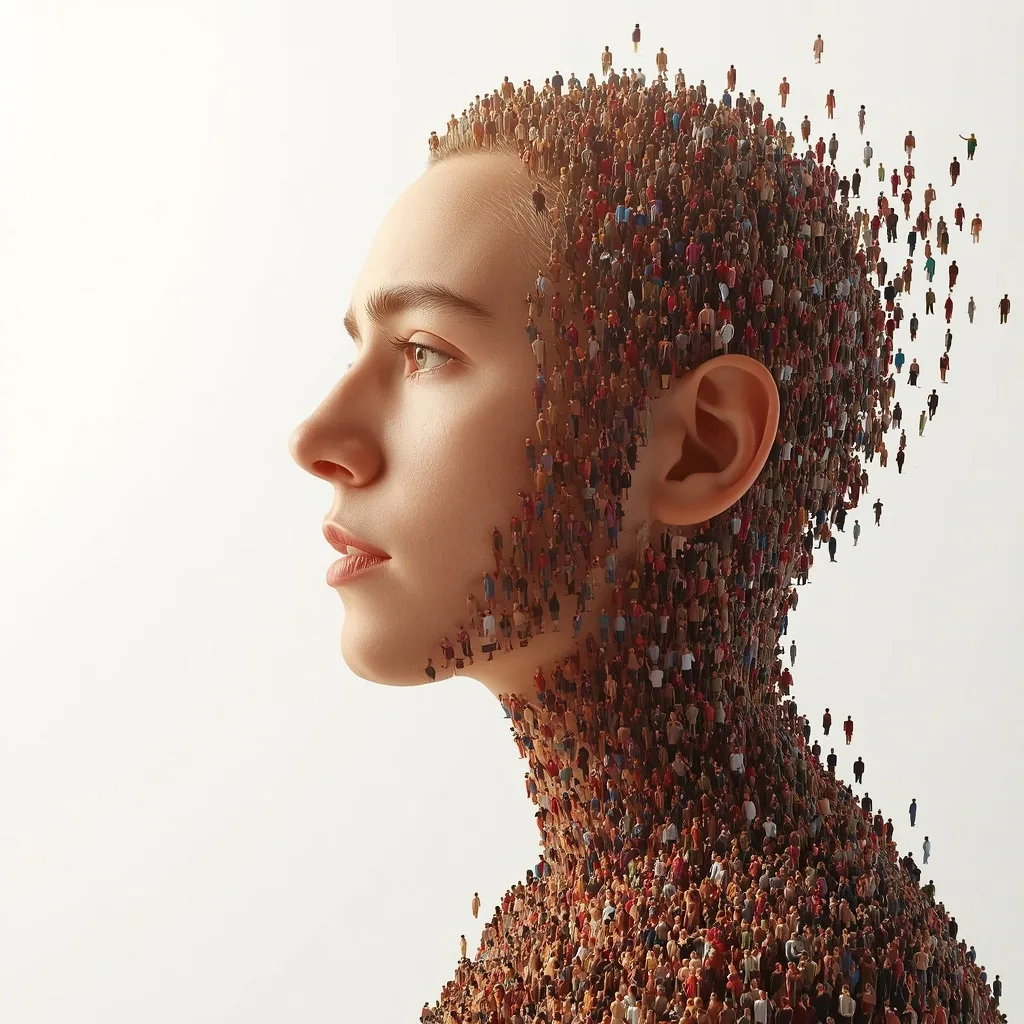 Hyper-realistic Conceptual Crowd Mosaic Portrait Art – Realistic Photo DSLR Quality Cinematic Portraits of Musicians in Concert prompts – AI generated example