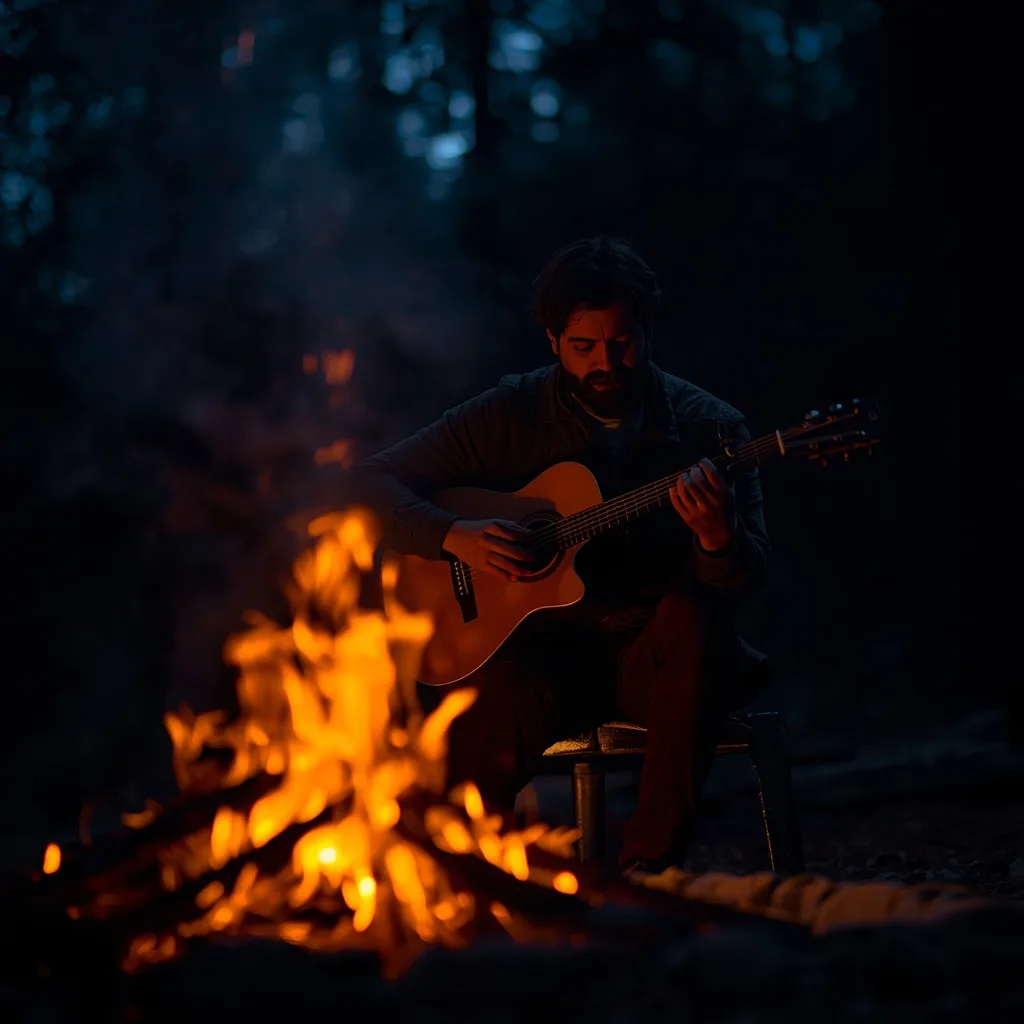 Man's Artistic Silhouette Playing Guitar by a Campfire – Men's Creative Street Photography Artistic Flair prompts – AI generated example