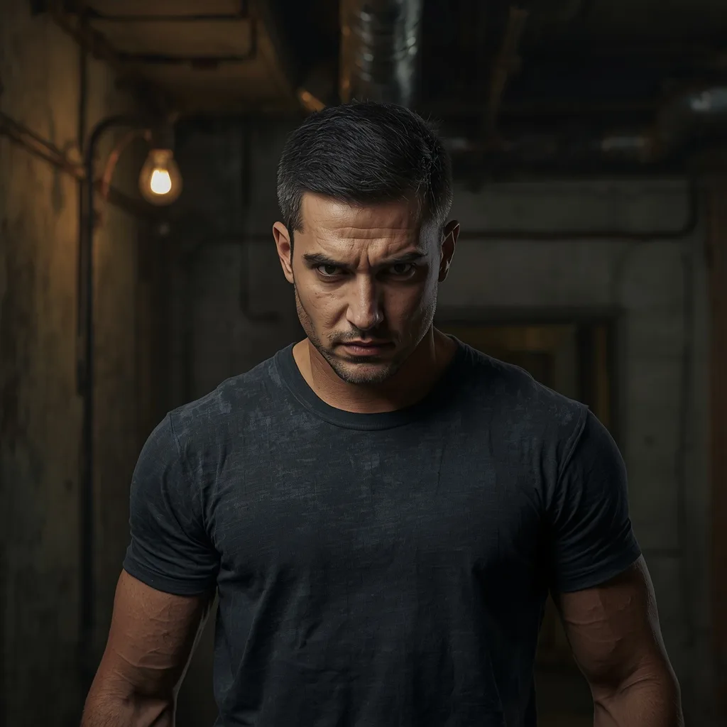 Man's Intense Gaze in a Grungy Industrial Setting – Men's Creative Street Photography Artistic Flair prompts – AI generated example