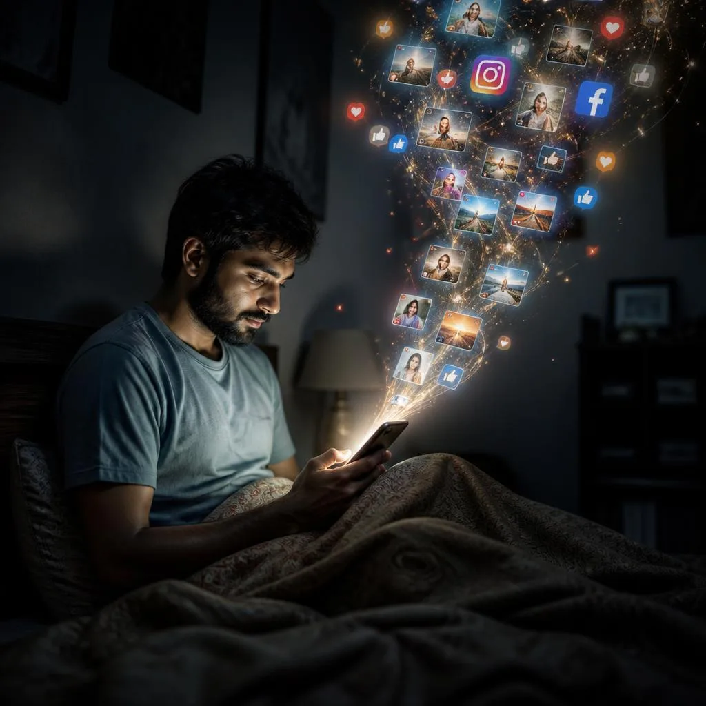 Man's Late Night Social Media Scroll with Ethereal Glow – Men's Creative Street Photography Artistic Flair prompts – AI generated example