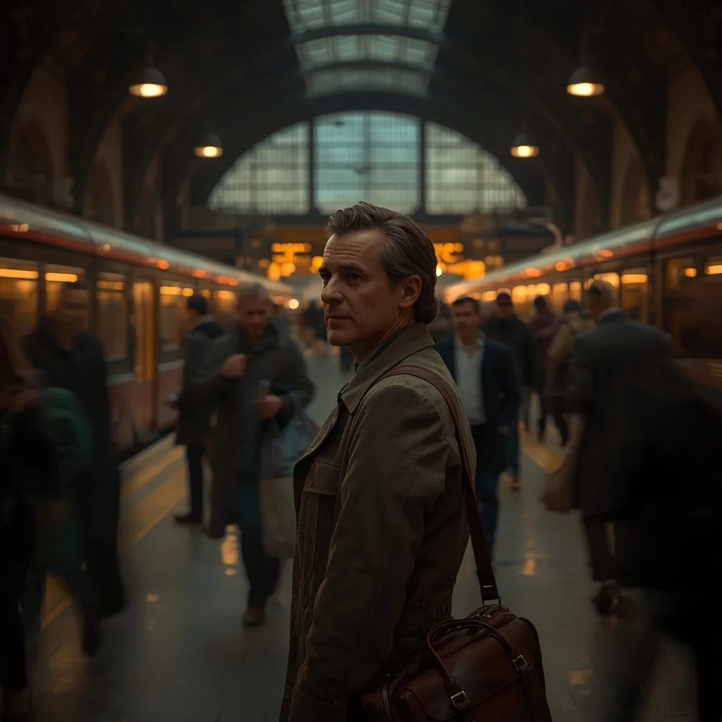 Man's Thoughtful Gaze in a Bustling Train Station – Men's Creative Street Photography Artistic Flair prompts – AI generated example