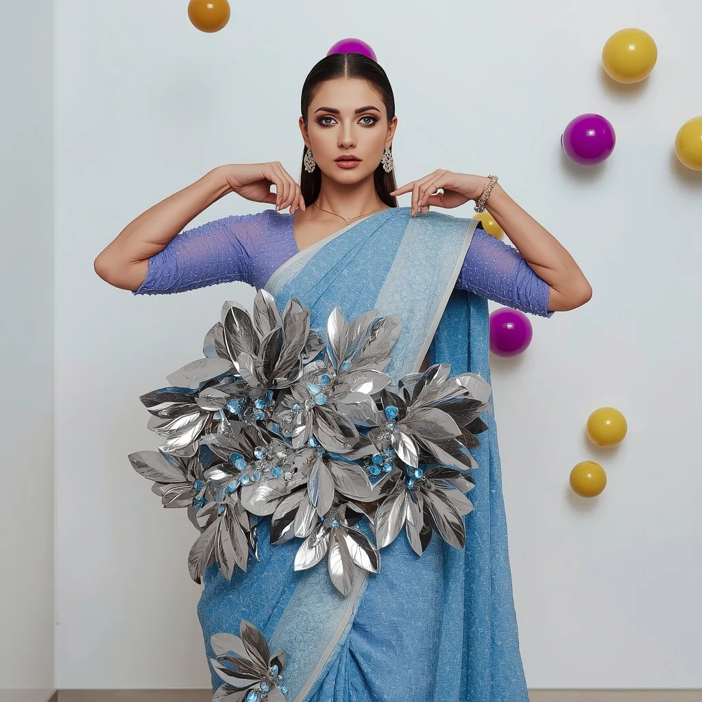 Sapphire-Crusted Saree with Chrome Leaves and Asymmetrical Spheres – Traditional Saree Girl in English Image prompts – AI generated example