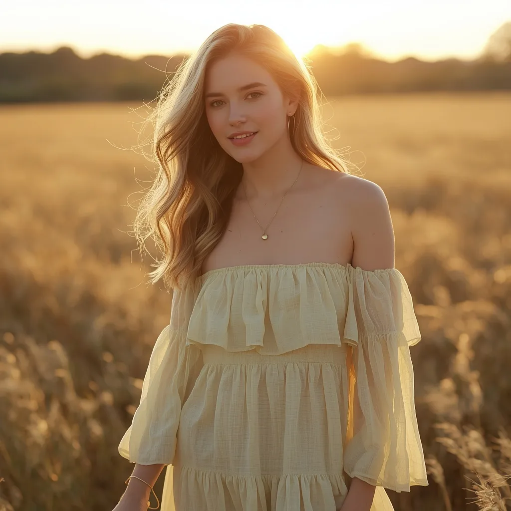 Serene Woman in a Pale Yellow Off-Shoulder Maxi Dress at Golden Hour – gothic romance ai prompts – AI generated example