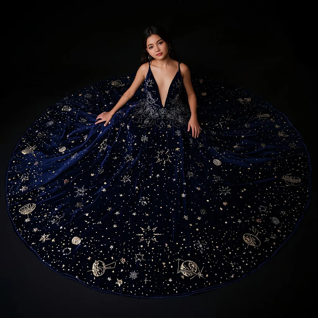 Velvet Midnight Star: Hollywood Dress with Cosmic Embroidery – Elegant Girls Parisian Cafe Chic Photography prompts – AI generated example