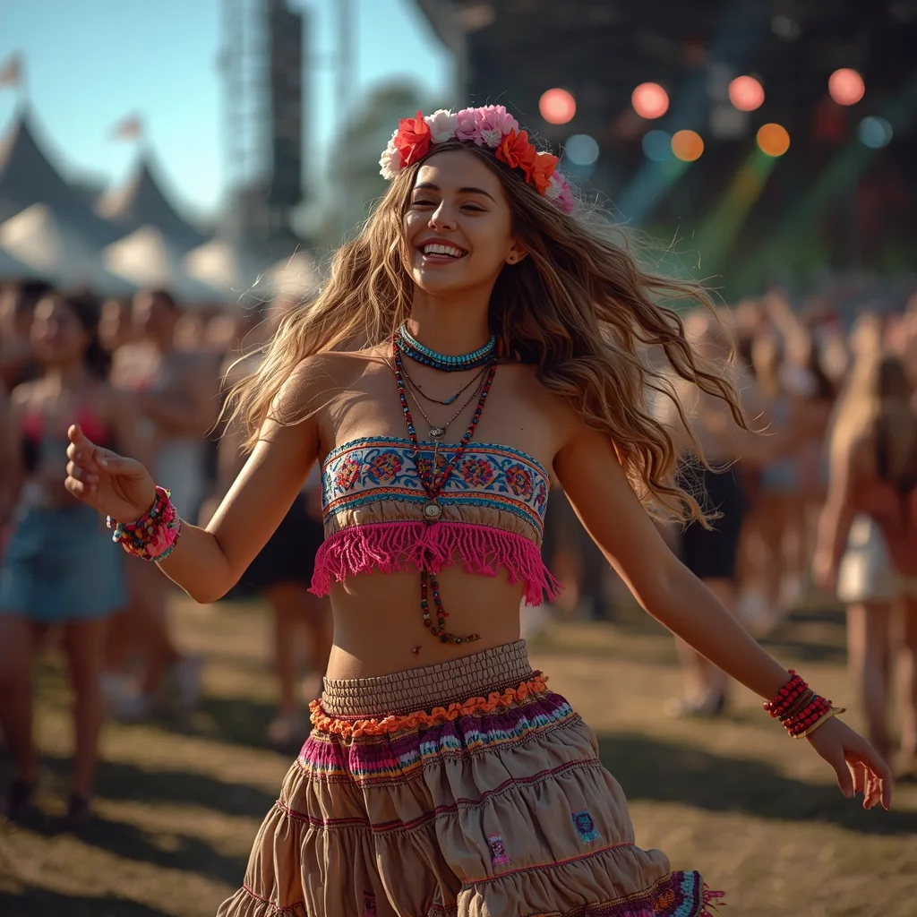 Vibrant Festival Chic in a Cropped Top and Skirt – gothic romance ai prompts – AI generated example