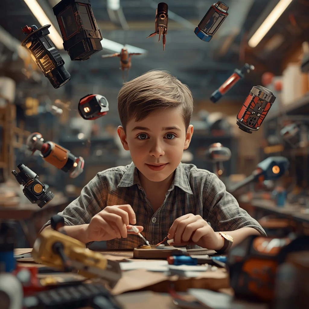 Boy Inventor in a Workshop of Levitating Gadgets Future Builder | Prompt seen trending girl Instagram — AI image prompt