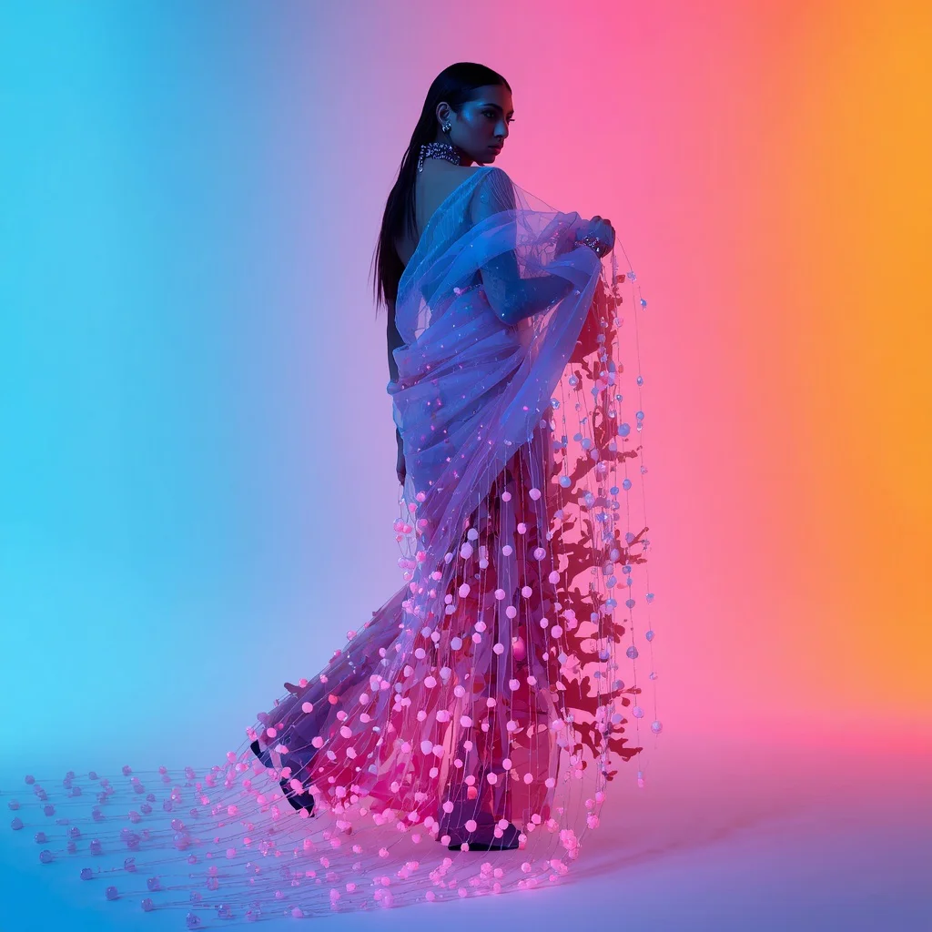Fiber-Optic Coral Reef Saree: Luminous Neon Oceanic Power | cute prompt for girls in saree for instagram — AI image prompt