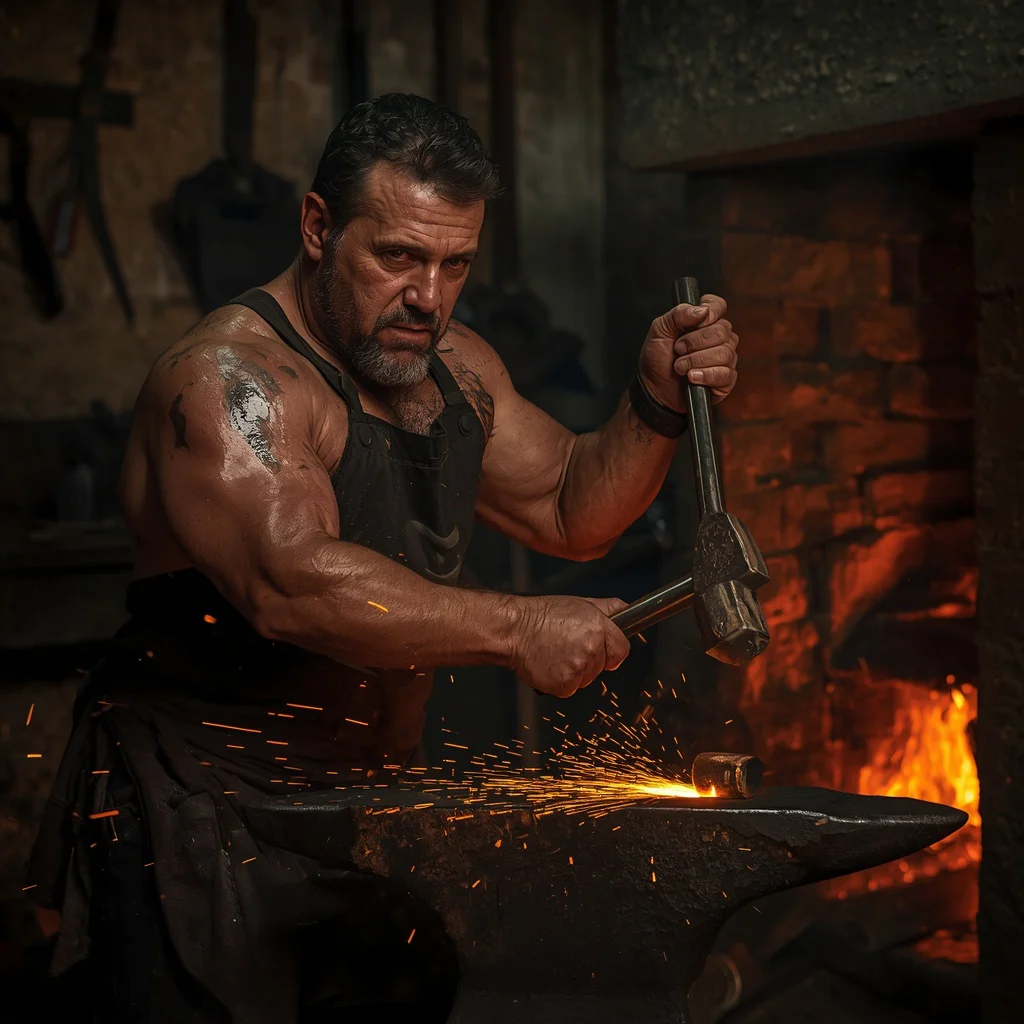 Man as a Seasoned Blacksmith Forging Metal in a Fiery Workshop | ChatGPT photo editing prompts trending Instagram boy — AI image prompt